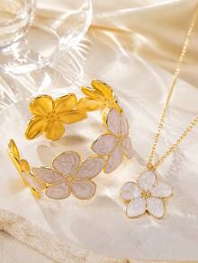 VceTd 1 Set Naturalist Style Colorful Enamel Plumeria Shaped Stainless Steel Women's Jewelry Set Suitable For Women To Wear At Engagement Or Wedding - Yellow Gold - View 8