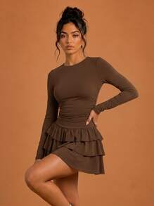 Never me Women's Sports Dress With Square Neck, Long Sleeves, Ruched Waist, Double Layer Ruffle Skirt, Yoga Tennis Dress - Coffee Brown - View 7