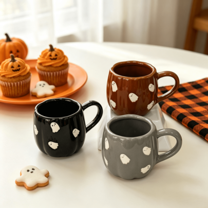 LECHENG HOUSEHOLD 1 Cangkir 1 Sendok, Mug Unik Hantu 360ml, Cangkir Kopi Keramik dengan Sendok dan Kartu Halloween, Pola Hantu 3D, Desain Lucu dan Menyeramkan, Cangkir Kopi, Cangkir Air, Minuman Panas dan Dingin, Cocok untuk Halloween, Pesta, Cangkir Dekoratif, Hitam, Abu-abu, Cokelat, Hadiah Halloween, Hadiah Pasangan, Aman untuk Mesin Cuci Piring