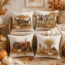 Autumn Vintage Farm Pumpkin Wheat & Small Animals Cushion Covers 4pcs Set, Single-Sided Printed Peach Skin Velvet Polyester Material, 45*45CM Throw Pillow Covers For Modern Fabric Sofa Indoor Decor, Party Decoration, Gift Giving - Multicolor - View 7