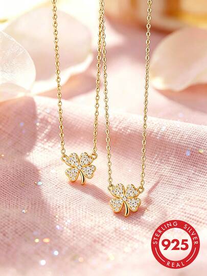 1pc S925 Sterling Silver Fashionable Personalized Lucky Four-Leaf Clover Pendant Necklace, Mori Style Fresh Sweet Cute Gentle Elegant Sophisticated High-End Neck Accessory, Versatile Light Luxury Clavicle Chain For Shopping, Outing, Gathering, Vacation, Perfect Holiday Gift