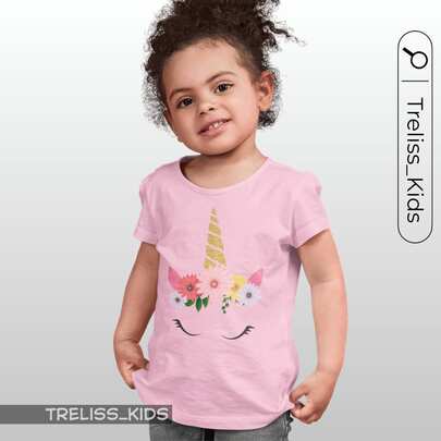 Camiseta Infantil Unicórnio Fofo Rosto Menina Camisa Algodão Blusa Personagem Filme Animação Desenho Flores Chifre