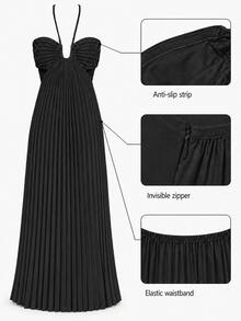Women's Light Blue Pleated Spaghetti Strap Dress, Ruched Bust Backless Flowy Summer Dress Elegant - Black - View 5