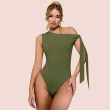Women's Bodysuit With Tie Bow And Asymmetrical Neckline, Sleeveless, Ideal For Romantic Dates, Casual, Vacation And Summer - 軍綠色 - 查看 10