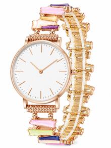 Women's Elegant Gemstone Color Block Elastic Band Quartz Watch, Rose Gold Minimalist White Dial Fashion Women's Wristwatch, Daily Casual Versatile Women's Watch, Birthday, Christmas, Mother's Day Gift - Gold - View 11