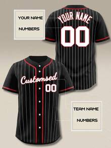 Custom Men Black Pink Baseball Jersey Personalized Name Number Pinstripe Button Up Sporty Gameday Shirt Loose Activewear Tops - Black - View 2