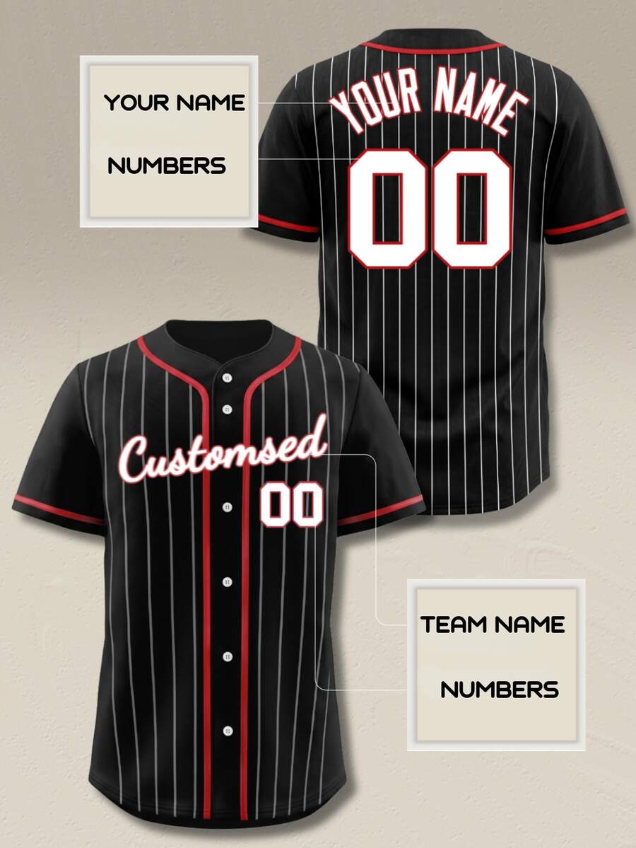 Custom Men Black Pink Baseball Jersey Personalized Name Number Pinstripe Button Up Sporty Gameday Shirt Loose Activewear Tops