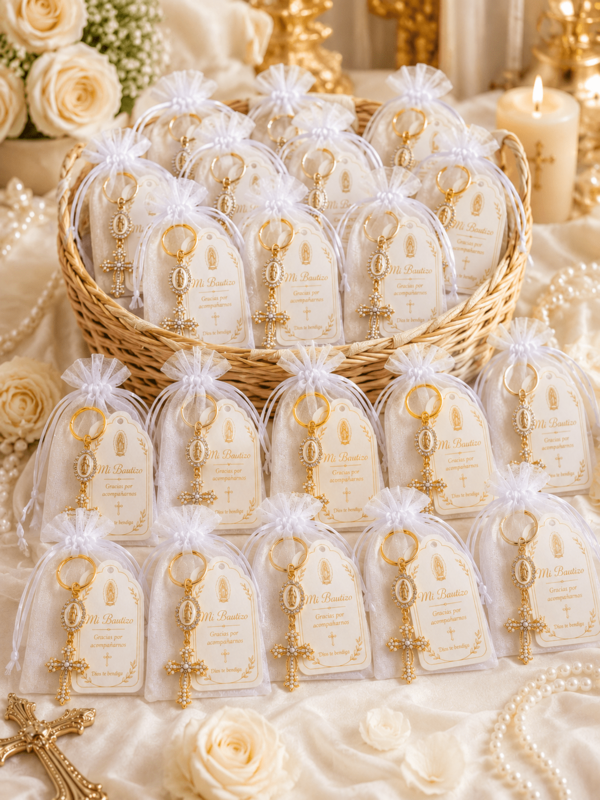 60pcs/20sets Gold Virgin Mary Cross Keychain Baptism Favor Set With Organza Bag And Thank You Card, Baby Baptism And First Communion Party Favors, Baptism Gift, Baby Shower Favors, First Communion Keepsake, Wedding Favors