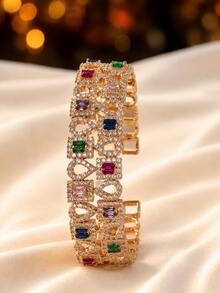 1pc Court Style Hollow Geometric Exquisite Women's Wide Bracelet, Square & Water Drop Intertwined Design, Elegant Bridal Gift, Noble Elegant Hand Accessory - Bracelet - View 11