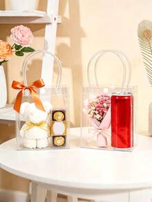 12pcs/6pcs/1pc Clear PVC Gift Bags With Bow, Small Party Favor Bags, Transparent Cookies Candy Goodie Bag, Tote Gift Bag, Perfect For Autumn Wedding, Birthday, Halloween, Thanksgivings Falls Party Supplies - Clear Gift Bag + Orange Bow - View 8