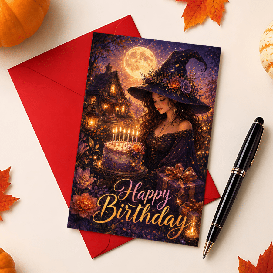1pc Witch Birthday Card, Witch And Birthday Cake Full Moon Cottage Art Greeting Card, Adult Women Halloween Birthday Card, Halloween