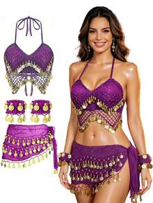 Boho Festival Rave Coin Sequin Bralette With Fringe Hip Sash And Wrist Bands For Burning Man, Beach Party And Outdoor Event - Multicolor - View 3