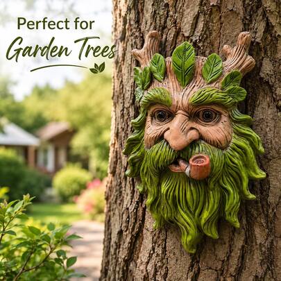 1 pieza Decoración de pared colgante de resina con cara de árbol verde, abrazador de árbol fumando pipa para tronco de árbol exterior, jardín y patio