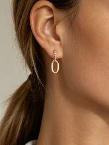 Charm-In Pendientes colgantes de eslabón de clip de papel con pavé de CZ en latón chapado en oro de 18K, delicados pendientes colgantes de óvalo enlazado para mujeres, joyería minimalista para uso diario y trabajo - Dorado - Ver 2