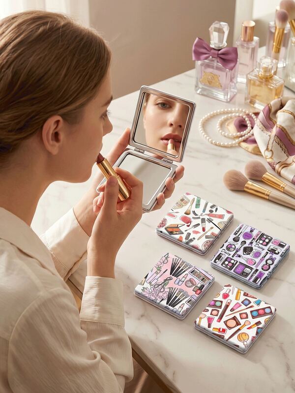 1pc Y2K Series Portable Makeup Mirror, 2X Magnifying Folding Lightweight Ultra-Thin Double-Sided Hand Mirror, Travel Mini Makeup Mirror, Durable PU Leather, Foldable Small Mirror Convenient To Carry, Unique Pattern