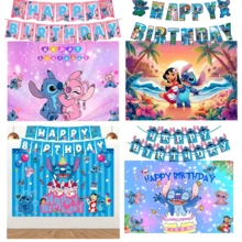 Hasbro Romantic Pink Stitch & Angel DIY Decoration Set, Happy Birthday Banner, Couple Starry Twinkling Fabric Backdrop, Lightweight Photo Background, Suitable For Holiday Celebration & Anime Fan Gathering Decor - Multicolor - View 1