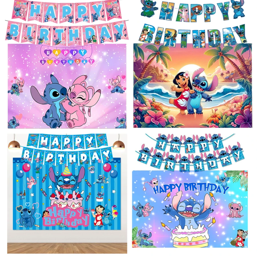 Hasbro Romantic Pink Stitch & Angel DIY Decoration Set, Happy Birthday Banner, Couple Starry Twinkling Fabric Backdrop, Lightweight Photo Background, Suitable For Holiday Celebration & Anime Fan Gathering Decor - Multicolor - View 1