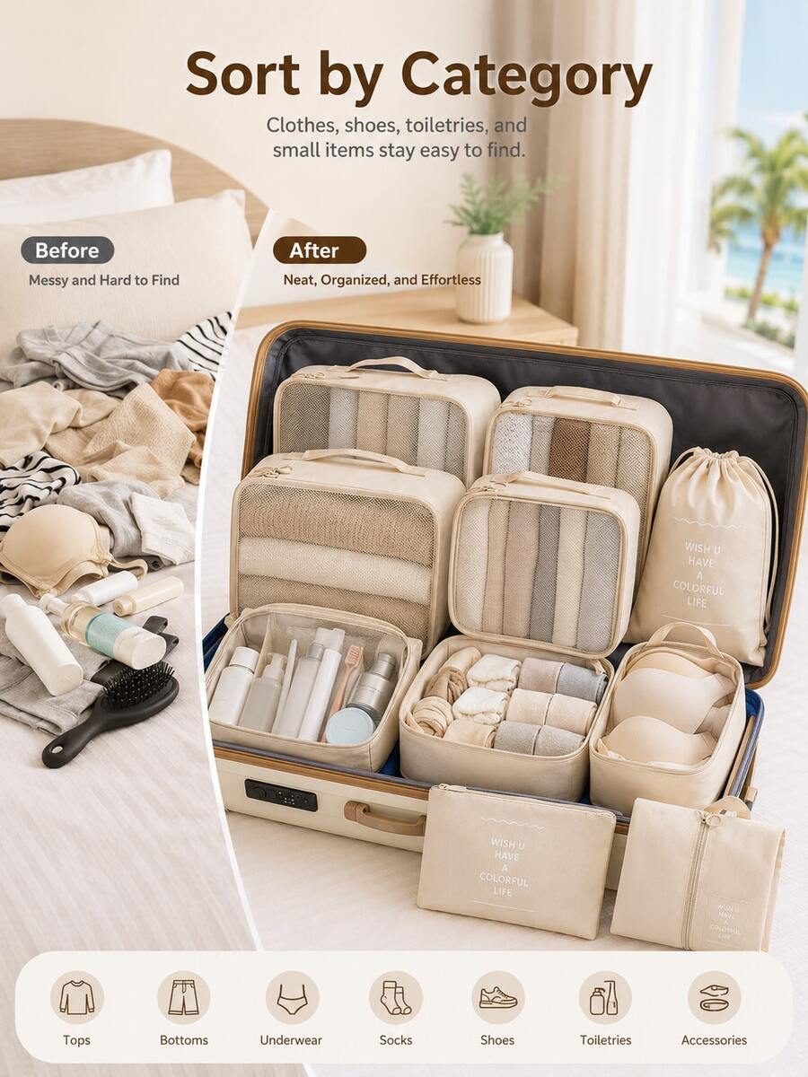 6/7/8/9/10/11pcs Portable Travel Storage Bag Set, Organizing And Storage, College Dorm Essentials, Packing Cubes, For Luggage, Lightweight Durable Fashion