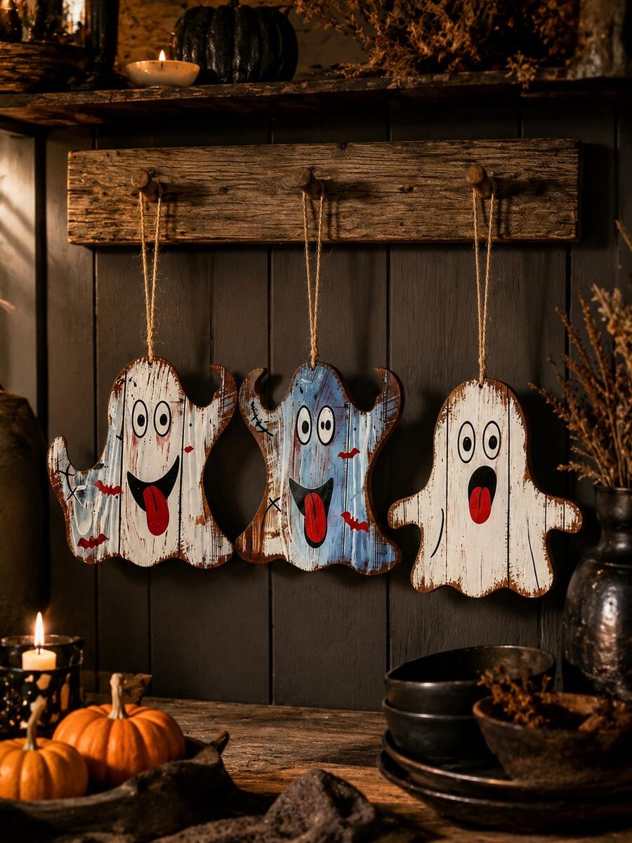 1pc Halloween Vintage Distressed Ghost Hanging Decor, Spooky Bat Front Door Window Porch Wall Decoration, Trick Or Treat Halloween Eve, Autumn Farmhouse Rustic Dark Aesthetic Haunted Indoor Party Fireplace Mantel Tiered Tray Holiday Seasonal Welcome Decor Accessory