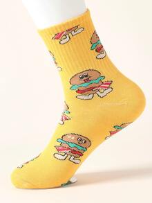 5 pares de calcetines para mujer en blanco, amarillo, rosa y azul, con divertidos y lindos patrones de dibujos animados de hamburguesa, papas fritas, pizza y helado, calcetines de media caña, de tela de punto transpirable, suave y cómoda, adecuados para uso diario, estilo de calle versátil y de moda, para todas las estaciones, interiores y exteriores - Multicolor - Ver 8