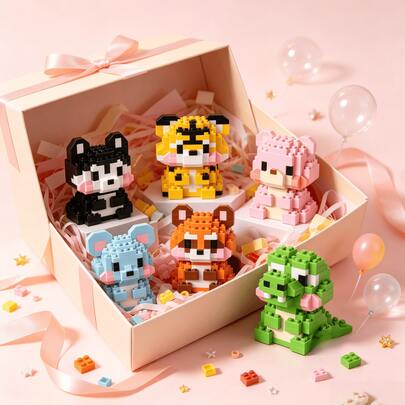 Juego de bloques de construcción de micropartículas de animales mini para niños, incluye cocodrilo, tigre, ratón azul, oso rosa, mapache, husky, 6 personajes de dibujos animados lindos, tamaño compacto y portátil, desarrolla la habilidad manual y de pensamiento de los niños, decoración hecha a mano, adecuado para el juego diario de niños y niñas, regalos de cumpleaños y festivos, decoración de escritorio del hogar, modelo pequeño, artículo de ensamblaje interactivo padre-hijo hecho a mano, suministros para maestros, decoración de habitación y aula