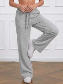 Never me Women's Solid Color Heather Gray High Waist Drawstring Wide Leg Pants With Pockets, Soft Drapey Running Casual Floor Length Trousers - Light Grey - View 10