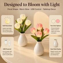 Potted Tulip LED Night Light, Artificial Flower Table Lamp With Ceramic Pot, USB Powered Desk Atmosphere Lamp For Bedroom Home Decor Romantic Gift - Multicolor - View 10