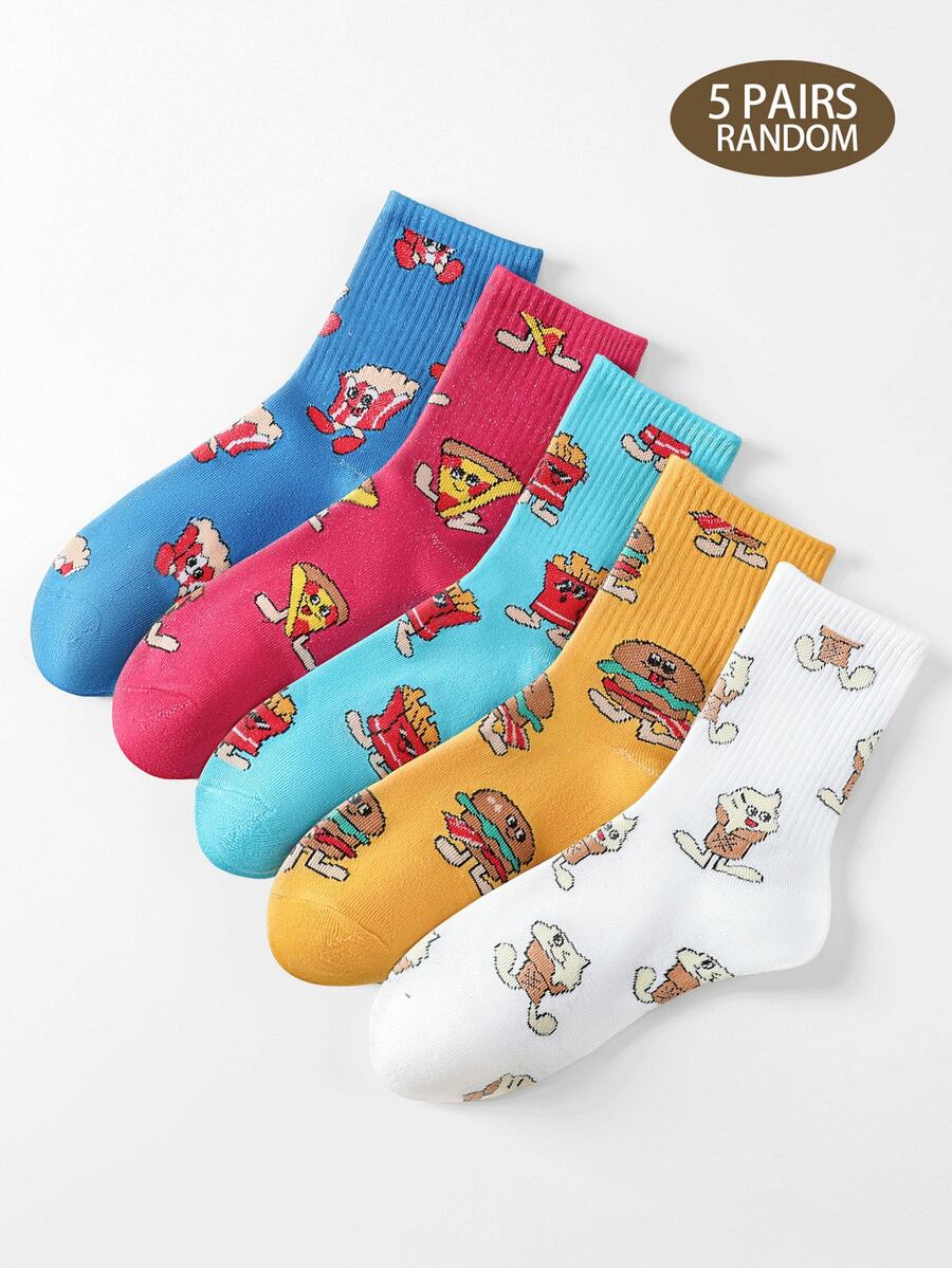 5 pares de calcetines para mujer en blanco, amarillo, rosa y azul, con divertidos y lindos patrones de dibujos animados de hamburguesa, papas fritas, pizza y helado, calcetines de media caña, de tela de punto transpirable, suave y cómoda, adecuados para uso diario, estilo de calle versátil y de moda, para todas las estaciones, interiores y exteriores - Multicolor - Ver 1