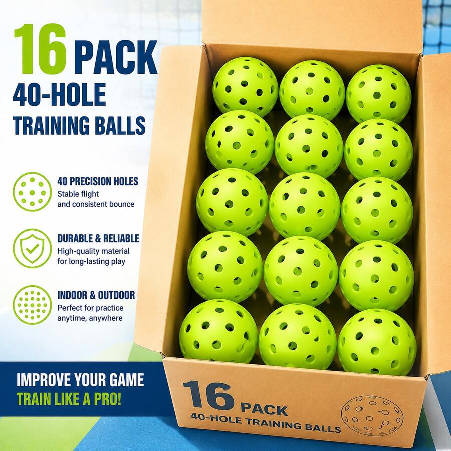 16pcs Fluorescent Green 40-Hole Matte Surface Pickleball Training Balls - Green - View 1
