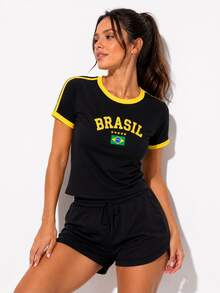 Women's Brazil Embroidered Flag Slim Fit T-Shirt - 黑色的 - 查看 3