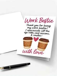 1pc "Workplace Bestie" Thank You/Birthday Card (Includes Envelope) - Coffee Theme Design, Fun Office Gift For Colleagues, Blank Inside - A - View 3