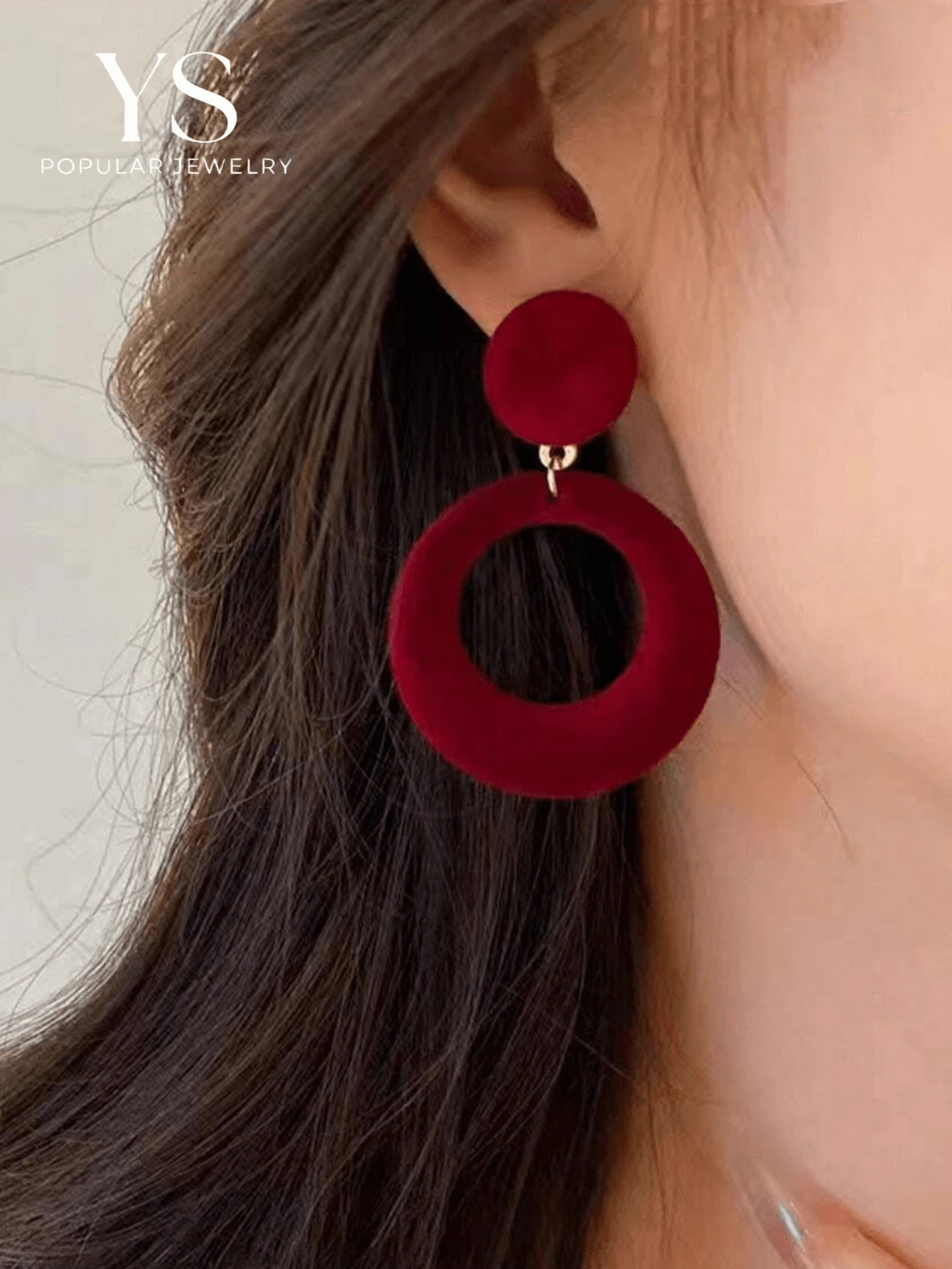 1pair Autumn And Winter Plush Velvet Red Wine Color Geometric Circle Earrings, Women Daily Wear - Burgundy - View 1