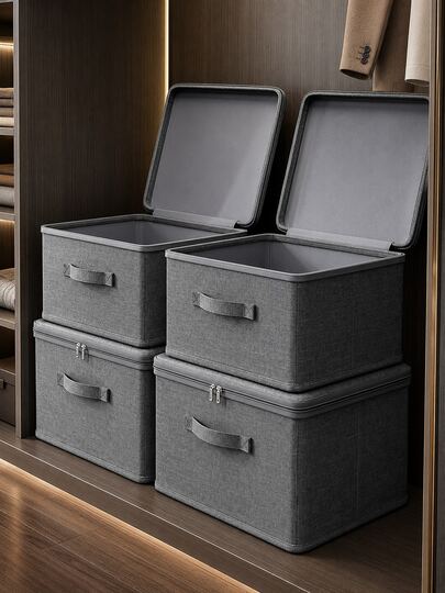 1pc Foldable Storage Box, Gray Storage Bucket With Zipper And Handle, Polyester Linen, Square, With Lid, Durable, Multi-Functional, For Storing Clothes, Toys And Other Items, Also Suitable For Home Decor, Bedroom Decor, Trim, Storage, Jeans Etc