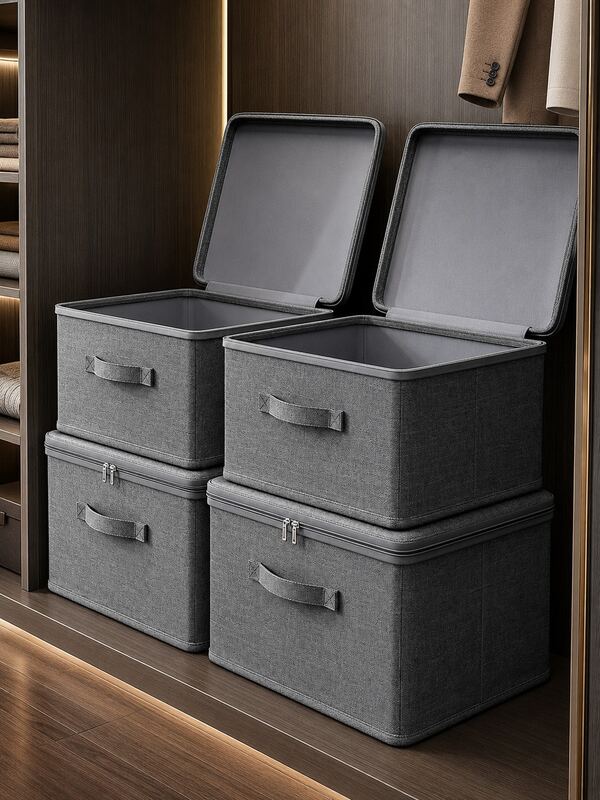 1pc Foldable Storage Box, Gray Storage Bucket With Zipper And Handle, Polyester Linen, Square, With Lid, Durable, Multi-Functional, For Storing Clothes, Toys And Other Items, Also Suitable For Home Decor, Bedroom Decor, Trim, Storage, Jeans Etc
