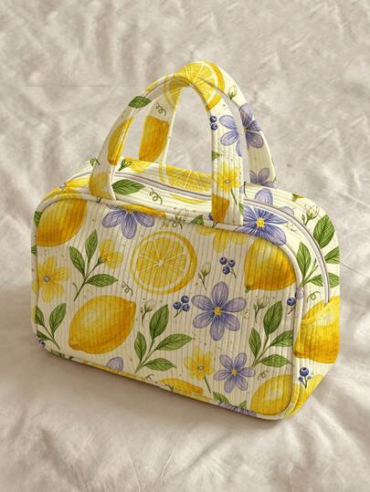 New Lemon & Blueberry Floral Print Makeup Bag / Handbag, Portable Travel Toiletry Bag, Corduroy Material, With Keychain Handle Tote Bag, Minimalist Casual Large Capacity Commuter Bag, Suitable For Daily Commute, Shopping And Vacation Travel Needs