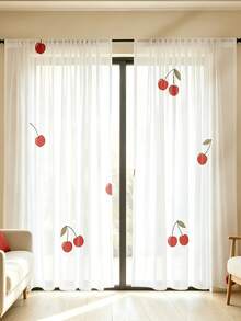 2pcs Red Cherry Pattern Sheer Curtains. The Vibrant Red Cherries With Green Stems And Leaves Allow Good Light Penetration, Creating A Fresh Fruity Style Suitable For Living Room, Dining Room And Kitchen. - Multicolor - 2pcs - View 8