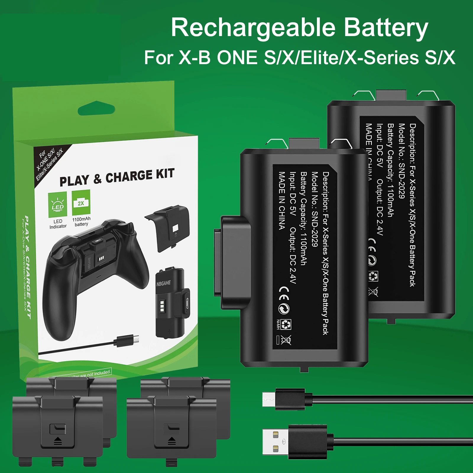 1100mAh Rechargeable Battery Pack Play And Charge Kit For Xb Ox Series S/X Xb Ox One S/X Elite Controller With 4 Battery Covers - Black - View 1