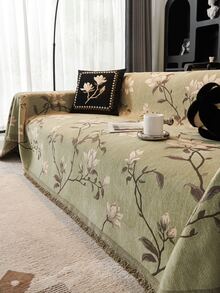 1pc Vintage Green Floral Chenille Sofa Throw, Chinese Style Botanical Pattern Tassel Sofa Cover, Non-Slip All-Season Pet-Friendly Machine Washable Home Decor Sofa Protector, Fits Single, Double, Triple Straight Sofa And L-Shaped Chaise Sofa, Machine Washable No Fading, Dust-Proof Scratch-Resistant Stain-Resistant, Suitable For Living Room, Bedroom, Homestay, Rental Home Decor - Green - View 7