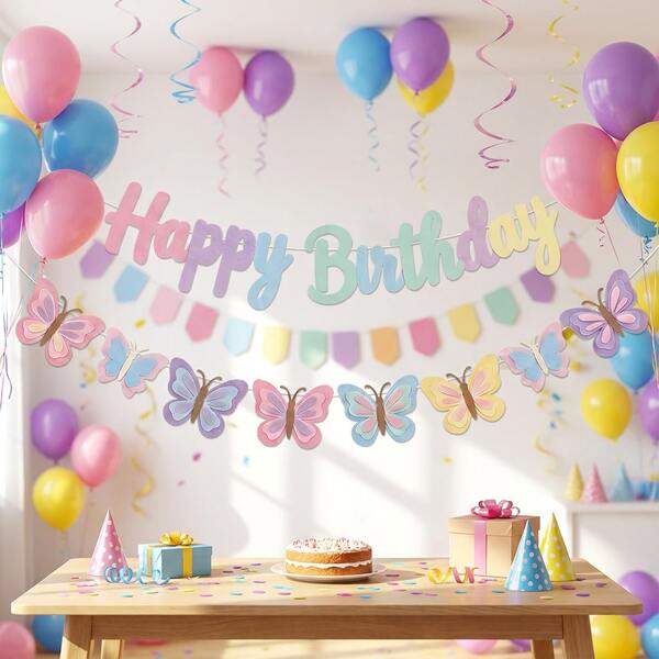 1 Set 2D Felt Macaron Color Butterfly Birthday Banner Set, Happy Birthday Multicolor Letter Hollow Hanging Flag, Party Supplies, Home Decor, Birthday Banner, Bedroom Decor, Wall Decor, Pink, Macaron Butterfly Theme Indoor/Outdoor Birthday Wall Hanging Decoration
