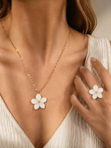 VceTd 1 Set Cute Plumeria Design Stainless Steel Women's Jewelry Set Suitable For Women's Daily Wear Or Vacation Wear Or Holiday Gift - Yellow Gold - View 3