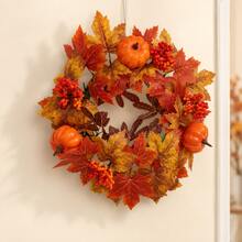 Autumn Harvest Pumpkin Wreath, 15 Inch Artificial Maple Leaf Wreath With Orange Pumpkins And Berries, Suitable For Front Door, Wall And Fireplace Decoration - Pumpkin Berries - View 5