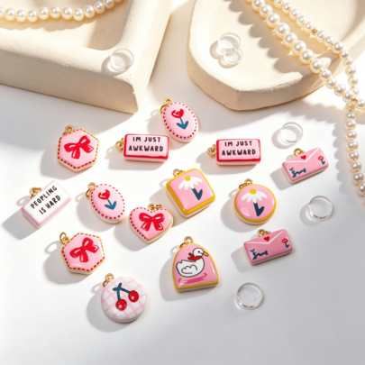 5/10pcs Painted Pattern Series Flower Heart Cherry Charm Pendant, Jewelry DIY Women Bracelet Bangle Earring Gift