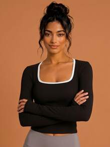 Women's Sports T-Shirt Solid Black With White Trim Square Neck Long Sleeve Elastic Slim Fit Flattering Daily Workout Top - Black - View 6