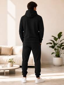 Men 2Pcs California Bear Graphic Drawstring Hoodie & Jogger Pants Set, Long Sleeve Kangaroo Pocket Casual Street Matching Tracksuit Outfit - Black - View 2