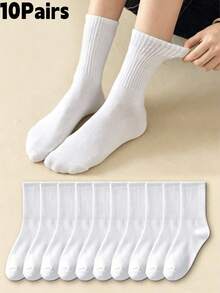 1/5/10/15/20 Pairs Women's All-Season Mid-Calf Socks, Solid Color, Suitable For Daily Wear, Soft And Comfortable, Casual Fleece Style, Back To School Season - White - View 7