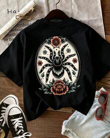 New Summer Short-Sleeve,Women's Semi-Sheer Spider Web & Floral Print T-Shirt Basic Top Suitable For Spring Summer Fall Layering, Casual Attire - 黑色 - 查看 2