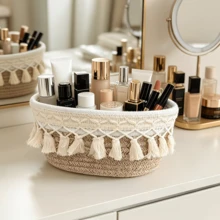 Tassel Woven Storage Basket, Bohemian Style Decorative Cosmetic Organizer Box, Suitable For Bathroom Bedroom Vanity Countertop Cosmetic Storage Bin, Shelf Storage Basket - Multicolor - View 3
