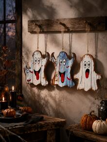 1pc Halloween Vintage Distressed Ghost Hanging Decor, Spooky Bat Front Door Window Porch Wall Decoration, Trick Or Treat Halloween Eve, Autumn Farmhouse Rustic Dark Aesthetic Haunted Indoor Party Fireplace Mantel Tiered Tray Holiday Seasonal Welcome Decor Accessory - Multicolor 5 - View 3
