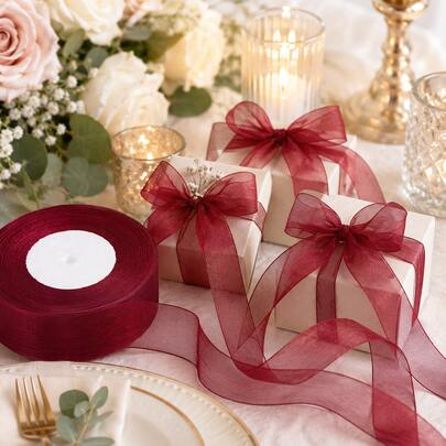 1 Roll/50 Yards Premium Burgundy Organza Ribbon, Transparent Chiffon Mesh Fabric Tape, Suitable For Christmas, Valentine's Day Gift Wrapping, Bouquet Packaging, Wedding Decoration, Hair Accessories, DIY Crafts And More (2.5cm Wide)