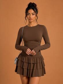 Never me Women's Sports Dress With Square Neck, Long Sleeves, Ruched Waist, Double Layer Ruffle Skirt, Yoga Tennis Dress - Coffee Brown - View 5